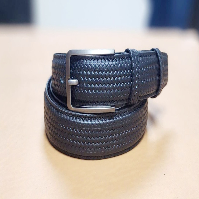 Black Woven-Texture Leather Belt